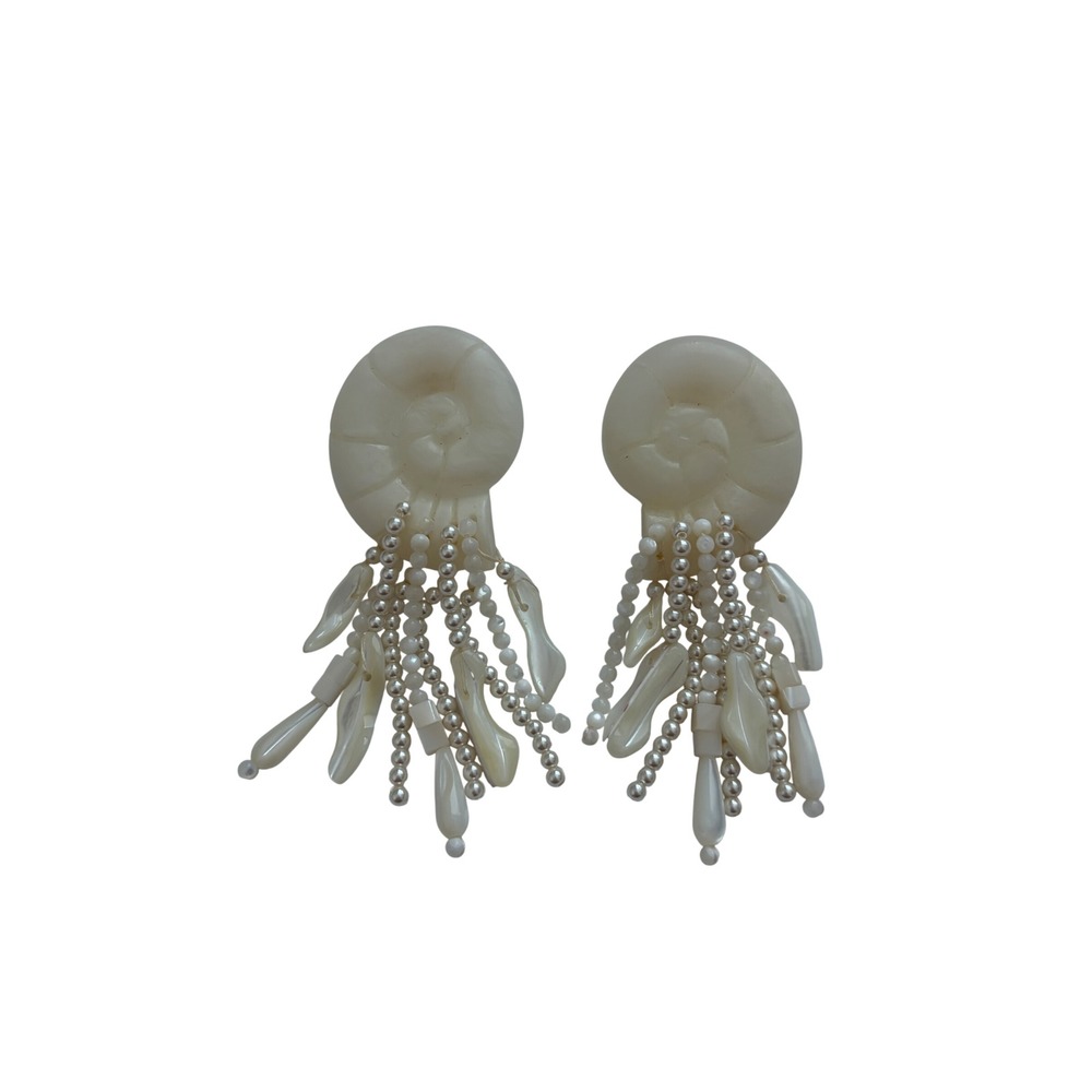Tuckernuck White Pearl Shelly Nautilus Shell Drop Statement Earrings Coastal